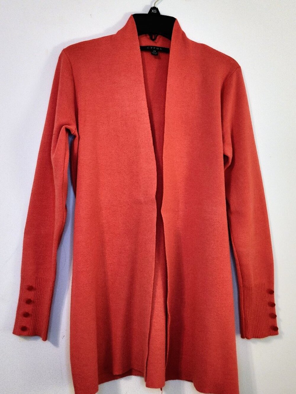 Cirus Women's XS Coral Orange Open Front Long Cardigan Sweater , Button Cuffs
